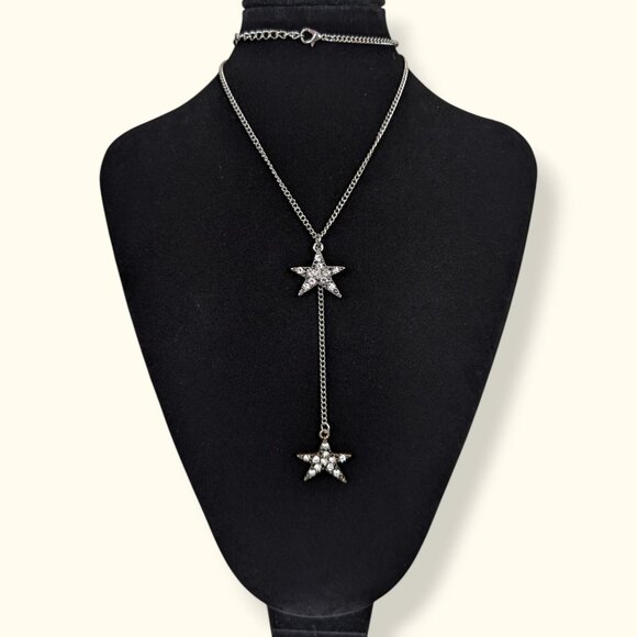 (2/$20) Double Dangling Rhinestone Star Pendant Necklace - Picture 1 of 6